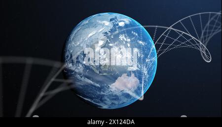 Image of dna strand spinning over earth globe on blue background Stock Photo