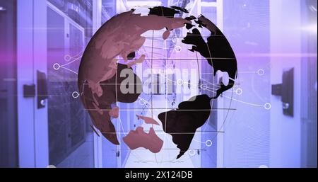 Image of globe with network of connections over server room Stock Photo