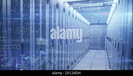 Image of mathematical equations and data processing over server room Stock Photo