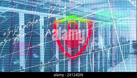 Image of globe and network of connections with online security padlock over binary coding Stock Photo