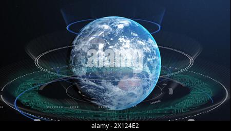 Image of data processing over earth globe on blue background Stock Photo