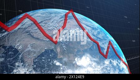 Image of statistics with red line and data processing over earth globe on blue background Stock Photo