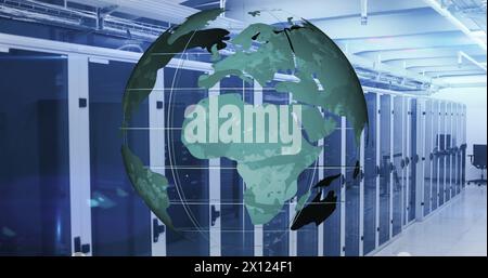 Image of globe with data processing over server room Stock Photo