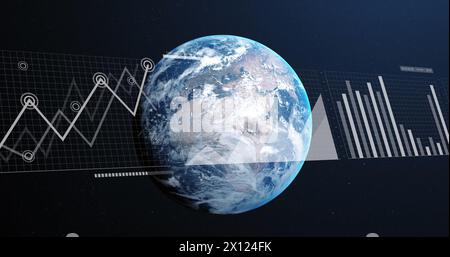 Image of statistics and data processing over earth globe on blue background Stock Photo