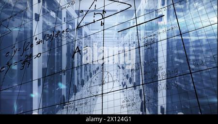 Image of mathematical equations and data processing over server room Stock Photo
