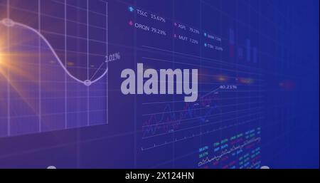 Image of data processing and light spots over blue background Stock Photo