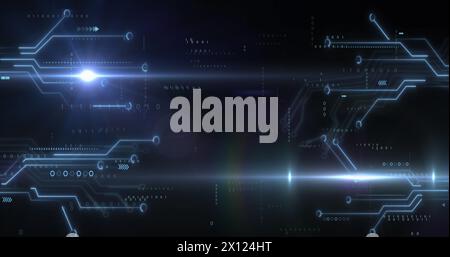 Image of lens flares over illuminated circuit board pattern and binary codes on black background Stock Photo