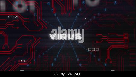 Interference over a virus text, with data processing and computer circuit board images in the backgr Stock Photo