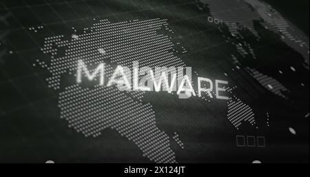 Image of malware text over world map and data processing on black background Stock Photo