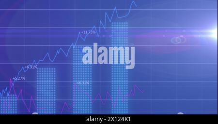 Image of data processing with diagrams and light spots over blue background Stock Photo