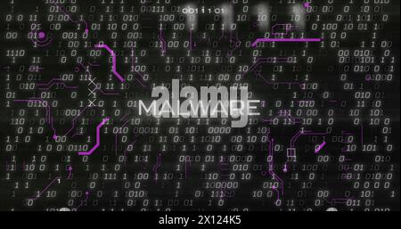 Image of x symbol on malware text with circuit board pattern against binary codes in background Stock Photo