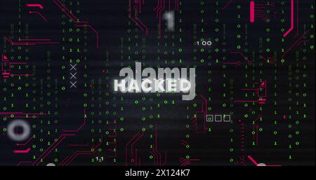 Image of hacked text and binary coding data processing over circuit board Stock Photo