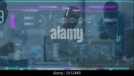 Image of screens with data processing over red body Stock Photo