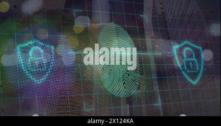 Image of data processing with fingerprint over grid Stock Photo