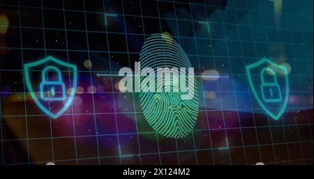 Image of data processing with biometric fingerprint over grid Stock Photo