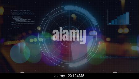 Image of radar, computer language, graphs over lens flare and moving vehicles on highway Stock Photo