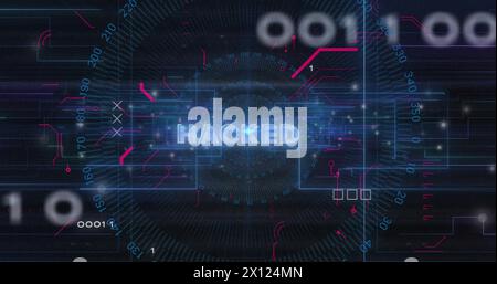Image of hacked text and data processing over circuit board Stock Photo