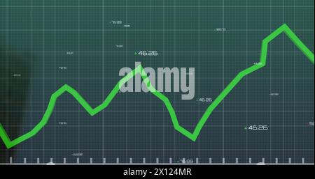 Image of green line and financial data processing over grid Stock Photo