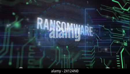 Image of ransomware text over circuit board pattern and changing numbers in circles Stock Photo