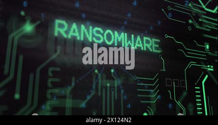 Image of x mark on ransomware text over circuit board pattern and changing numbers in background Stock Photo