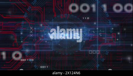 Image of virus text with computer circuit board and data processing on black background Stock Photo