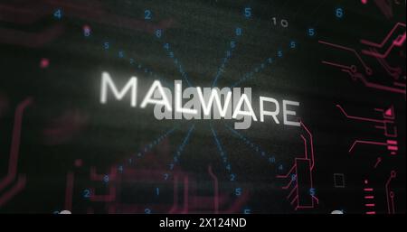 Image of x symbol on malware text in changing numbers tunnel with circuit board pattern Stock Photo