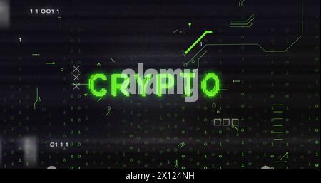 Image of glitch technique over crypto text on circuit board pattern against falling binary codes Stock Photo