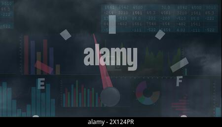Image of speedometer and statistical data processing against dark clouds in the sky Stock Photo