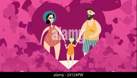 Image of multiple hearts over happy family with daughter at beach on pink background Stock Photo