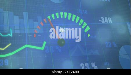 Image of speedometer and statistical data processing against spots of light on blue background Stock Photo