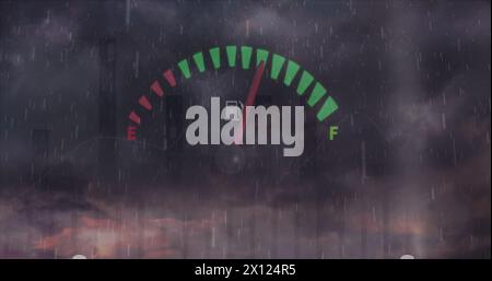 Image of speedometer and statistical data processing against rain and clouds in the sky Stock Photo