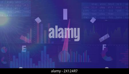 Image of speedometer and statistical data processing against light spot on blue background Stock Photo