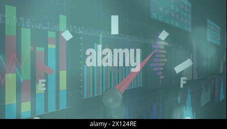Image of speedometer and statistical data processing against spots of light on blue background Stock Photo