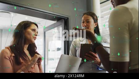 Image of data processing with arrows over diverse business people talking in office Stock Photo