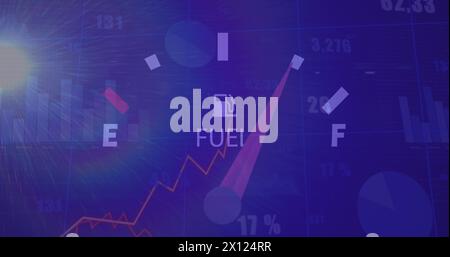Image of speedometer and statistical data processing against light spot on blue background Stock Photo