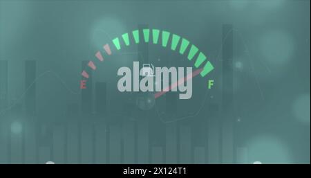 Image of speedometer and statistical data processing against spots of light on blue background Stock Photo
