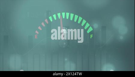 Image of speedometer and statistical data processing against spots of light on blue background Stock Photo