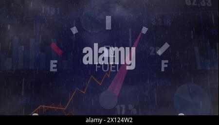 Image of speedometer and statistical data processing against rain and clouds in the sky Stock Photo