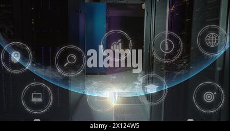 Image of multiple digital icons over globe against computer server room Stock Photo