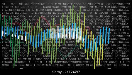 Image of financial data processing and binary coding over black background Stock Photo