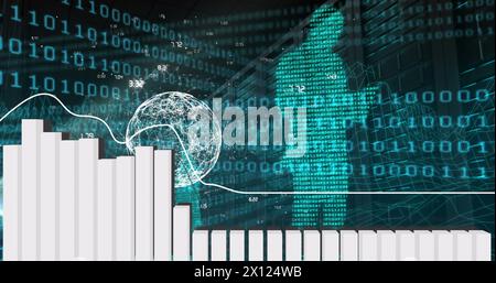 Image of financial data processing and binary coding over black background Stock Photo