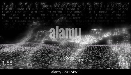 Image of financial data processing and binary coding over black background Stock Photo