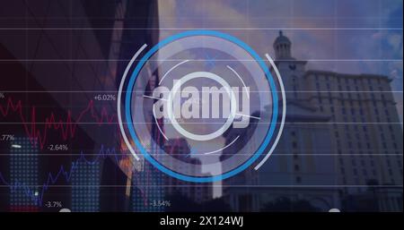 Image of scope scanning and financial data processing over cityscape Stock Photo