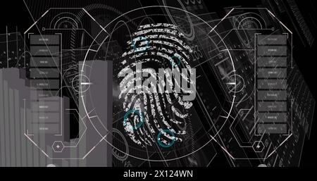 Image of financial data processing and biometric fingerprint over black background Stock Photo