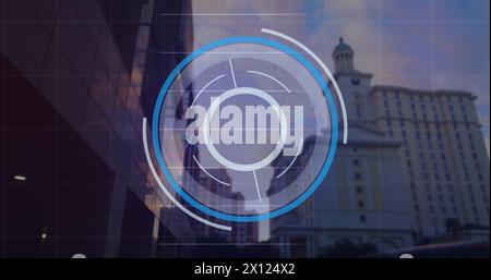 Image of scope scanning and financial data processing over cityscape Stock Photo