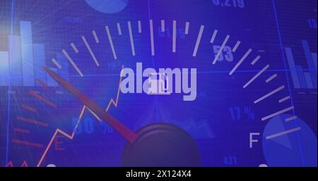 Image of speedometer and statistical data processing against light spot on blue background Stock Photo