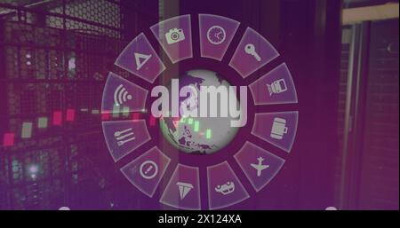 Image of multiple digital icons over spinning globe and data processing against server room Stock Photo