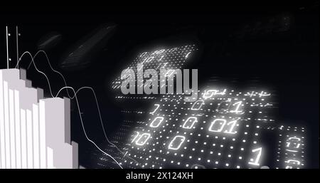 Image of financial data processing and binary coding over black background Stock Photo