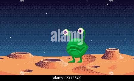 Pixel art of green alien monster standing on a planet surface. Cosmic area game location. Seamless vector background Stock Vector