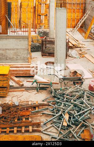 Construction tools and equipment on site, high angle view Stock Photo